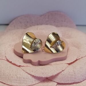 14K Solid Yellow Gold Dainty Heart Stud Earring Stud w/diamond accent